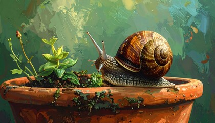 Snail in terracotta pot, vibrant colors