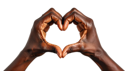 Dark skinned hands forming a heart shape isolated on transparent background