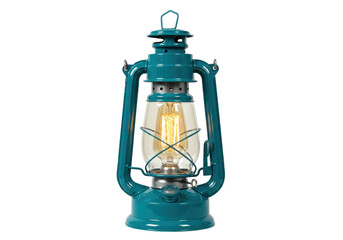 Isolated teal lantern with decorative filament bulb on seamless background, studio shot