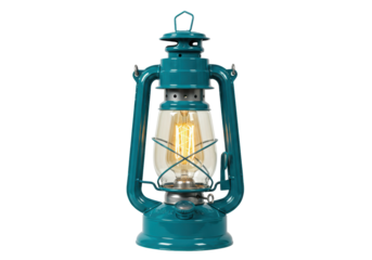 Isolated teal lantern with decorative filament bulb on seamless background, studio shot