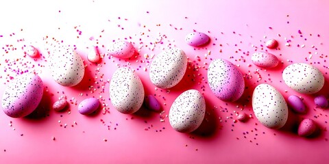 Colorful decorated eggs and mini candy on a pink background for Easter celebrations - High Contrast