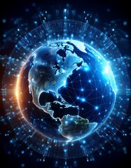 Obraz premium Futuristic digital globe with interconnected nodes, high-speed data transfer, global network, cyber technology, information exchange, online communication, cloud computing, virtual connectivity, moder
