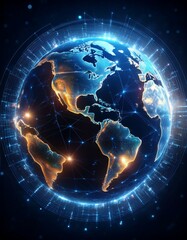 Obraz premium Futuristic digital globe with interconnected nodes, high-speed data transfer, global network, cyber technology, information exchange, online communication, cloud computing, virtual connectivity, moder