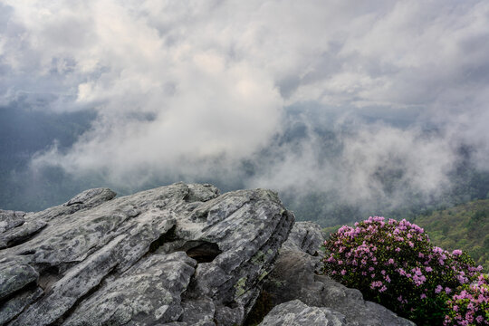 Hawksbill Mountain landscape with blue sky and clouds