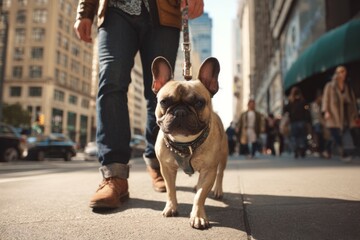 A person walks a French Bulldog along a bustling city street filled with pedestrians and vehicles. The sun shines brightly, illuminating the scene and creating a vibrant urban atmosphere