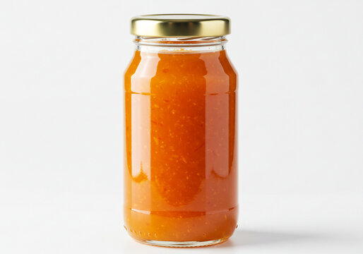 Vibrant orange zest jam or sauce in a clear glass bottle with a metallic gold lid, perfect for gourmet food branding and culinary inspiration