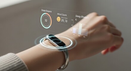 Medical smartwatch with virtual screen tracking heartbeat and energy levels.