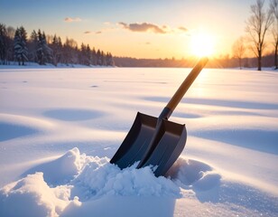 Snow shovel in snowy landscape at sunset