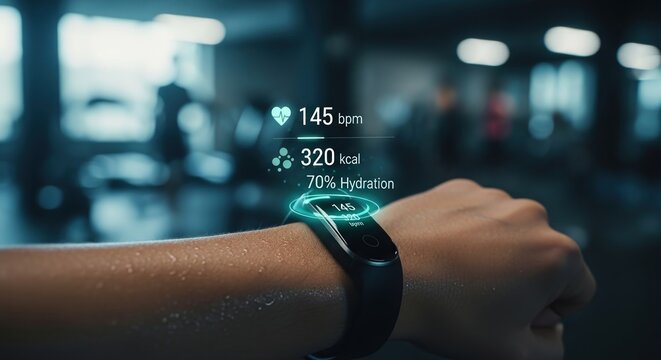 Digital wearable device showing fitness data and heartbeat monitoring