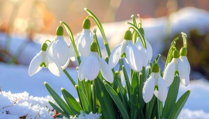 Snowdrop flowers in the snow