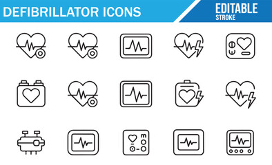 Medical Defibrillator Icon Collection – ECG, Pads, Shock, CPR, Lifesaving Set