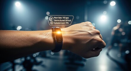 Smartwatch with AR interface displaying real-time health and fitness data.