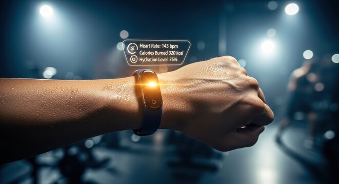 Smartwatch with AR interface displaying real-time health and fitness data.