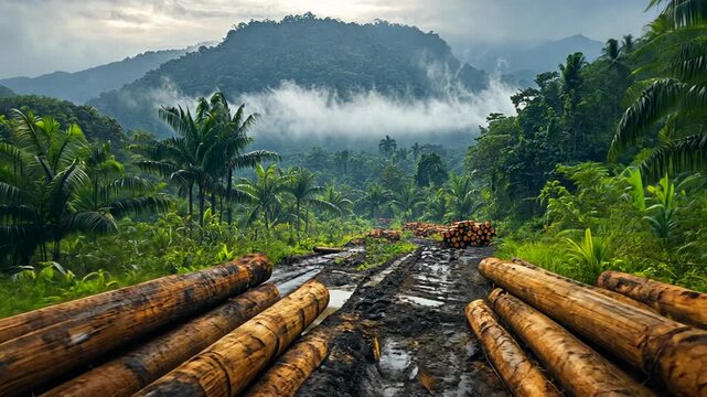 Aerial view of a muddy road with cut logs in a rainforest, highlighting deforestation.