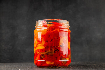 Roasted pepper salad vegetables dish natural product tasty snack fresh delicious gourmet food background on the table rustic top view copy space keto and paleo diet vegan and vegan food