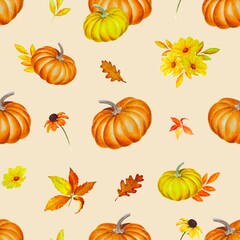 Seamless pattern of watercolor autumn illustrations with pumpkins, yellow flowers and leaves isolated on beige background	