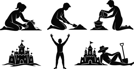 Silhouettes of people building sandcastles at the beach, including digging, shaping, and relaxing, for summer and vacation concepts