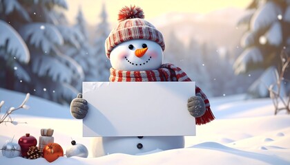 Snowman holding a blank sign in a snowy landscape