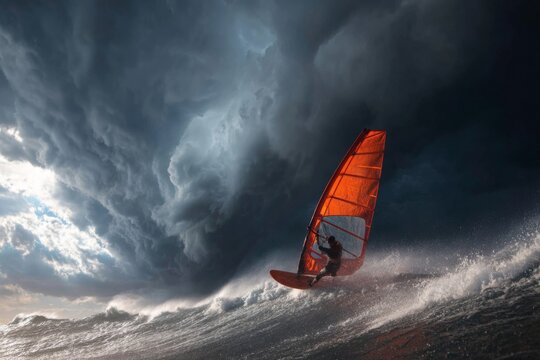 A skilled windsurfer navigates large waves under dark, swirling clouds. The scene captures the thrill of watersport amidst challenging weather conditions