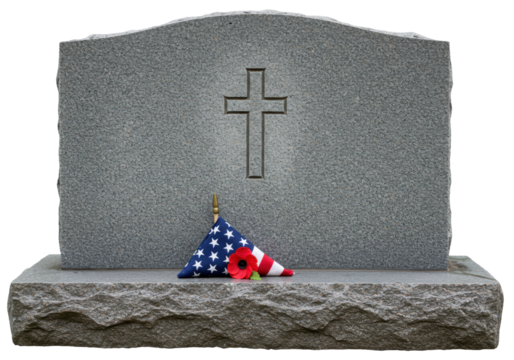 Isolated Grave marker with American flag and Poppy, a symbolic gesture for remembrance