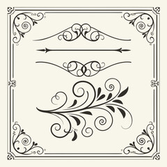 Ornamental calligraphy elements. Vintage decorative frames, elegant flourish swirls and filigree borders, classic wedding invitation design. Vector	