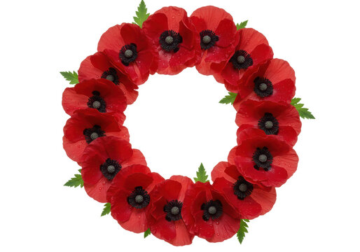 Isolated circle wreath of red poppy flowers with raindrops, remembrance day decoration - Powered by Adobe