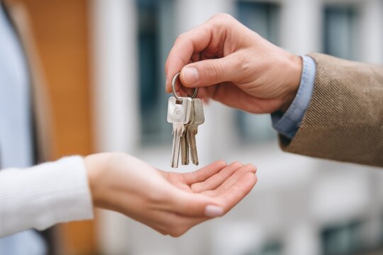 A person is handing over a set of house keys to another individual as they celebrate a successful home purchase. The setting shows urban architecture in the background, indicating a new beginning
