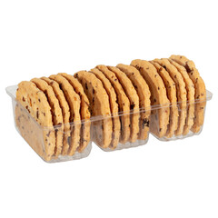 Chocolate chip cookies arranged in clear plastic container on white background
