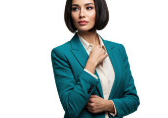 Elegant woman in teal blazer isolated on transparent PNG, confident businesswoman in professional attire for corporate branding