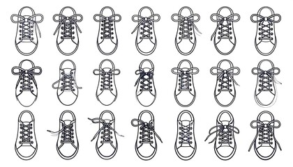 A collection of shoe outlines in rows, illustrating varying lace-tying methods and knots, showcasing detail