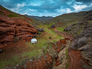 Drone View of Traditional Yurt with Horse in Kyrgyz Canyon