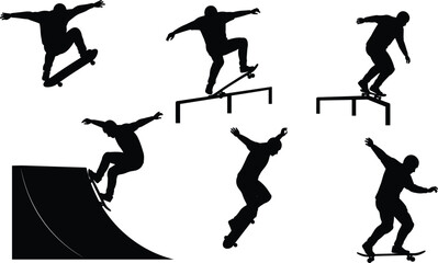 Silhouettes of skateboarders performing dynamic tricks and stunts on ramps and rails, for extreme sports and urban recreation themes