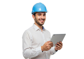 Smiling construction worker with blue hardhat isolated holding tablet, engineer using digital device for project management on transparent background