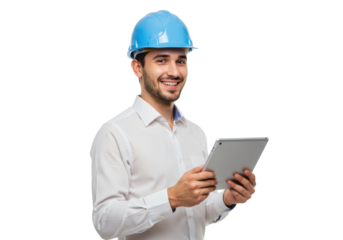 Smiling construction worker with blue hardhat isolated holding tablet, engineer using digital device for project management on transparent background