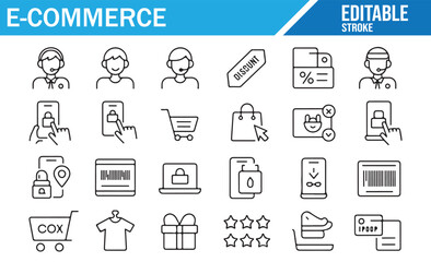 Retail Store Outline Icons: Cart, Checkout, Delivery, Barcode