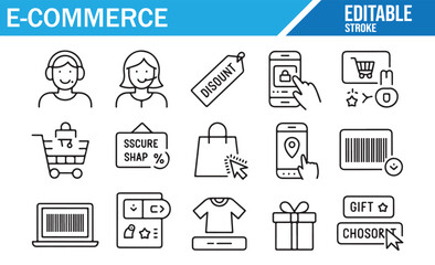 E-commerce Line Icons Set — editable stroke online shopping, cart, checkout, payment, discount, barcode, delivery, wishlist, rating, mobile app and product symbols for digital stores