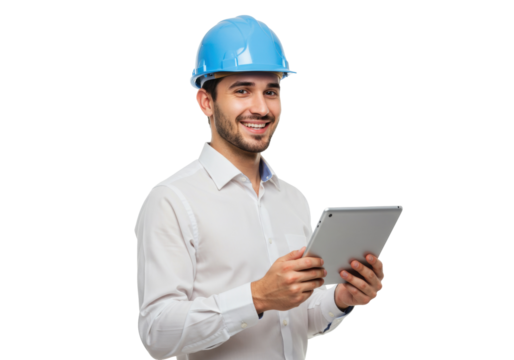 Smiling construction worker with blue hardhat isolated holding tablet, engineer using digital device for project management on transparent background