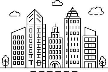 Fototapeta premium City skyline outline drawing with tall buildings and trees urban landscape view