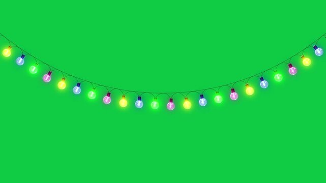 colorful one string lights new year and christmas light green screen animation, chroma key winter holiday and birthday party celebration 3drgb light show motion design element	
