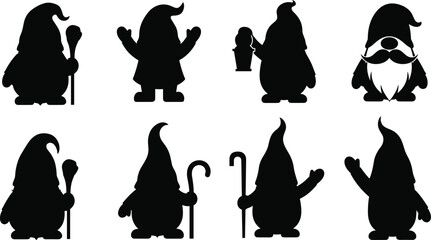 Whimsical gnome silhouettes collection with fantasy hats, lanterns, staffs, magical poses, fairy tale characters, decorative vector illustration for storytelling