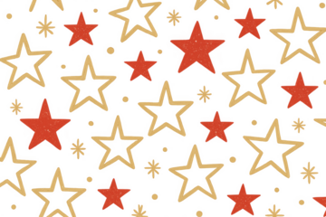 Seamless red and gold stars pattern, hand drawn doodle style, festive transparent background for celebration