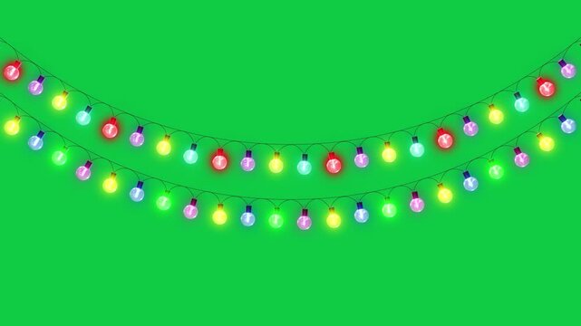 colorful string lights new year and christmas light green screen animation, chroma key winter holiday and birthday party celebration 3drgb light show motion design element