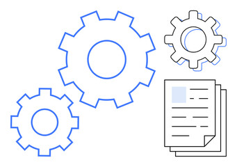 Gears interlinked with documents, representing automation, workflow, productivity, and teamwork. Ideal for efficiency, systems integration, collaboration, process innovation business growth simple