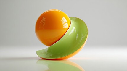 Abstract Orange and Green Spheres with Curved Shape on White Background
