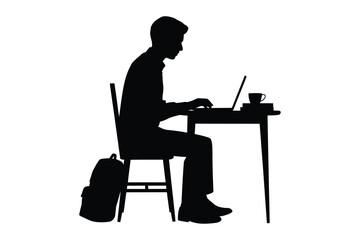 Silhouette of a person working on a laptop at a desk with a backpack nearby