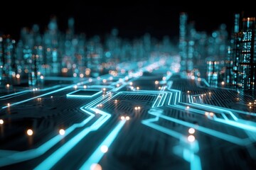 Futuristic Cityscape Illuminated by Glowing Circuitry, Digital Network, Abstract Technology Concept.