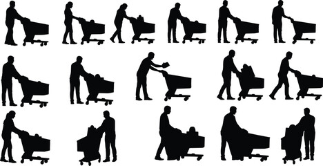 Silhouettes of people pushing shopping carts in various poses, retail consumer activity vector illustration for supermarket, grocery, and shopping design