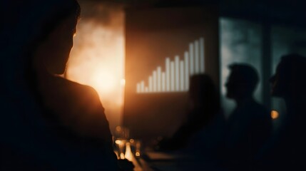 Silhouettes of business professionals in a dimly lit room observing a bar chart projection signifying growth and analysis