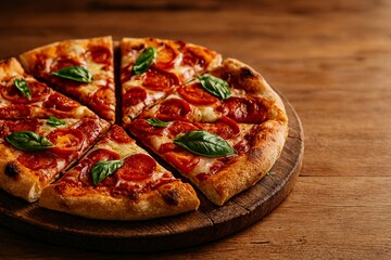 Appetizing pizza on wood background with ample copy space—ideal for food blogs and delivery apps.