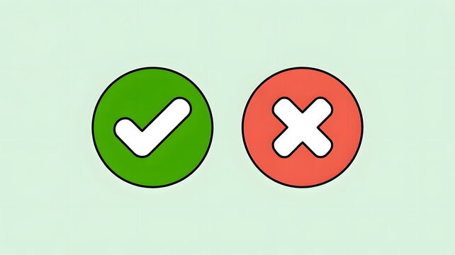 Two colorful icons representing approval and disapproval, with a green checkmark and a red cross, against a simple background.
